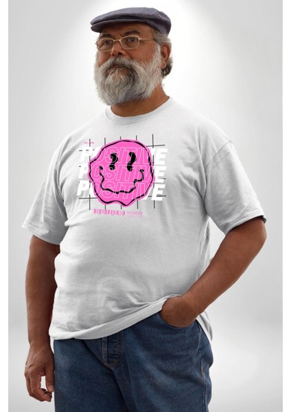 Positive Enerji Emoji Gülen Surat Beyaz Büyük Beden Kadın Erkek Ünisex Basic Ön Baskılı Tişört