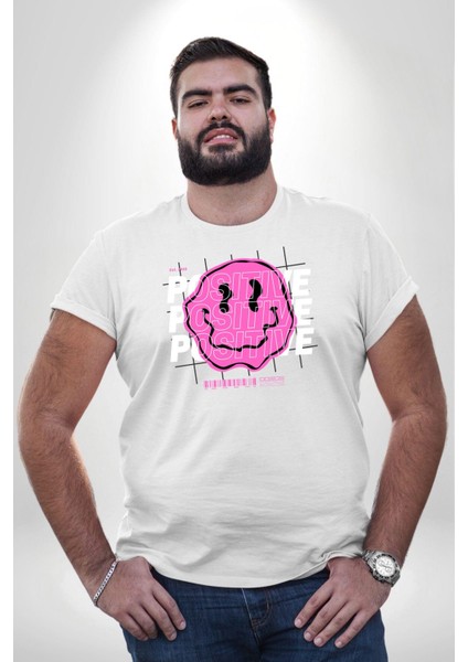 Positive Enerji Emoji Gülen Surat Beyaz Büyük Beden Kadın Erkek Ünisex Basic Ön Baskılı Tişört modelleri