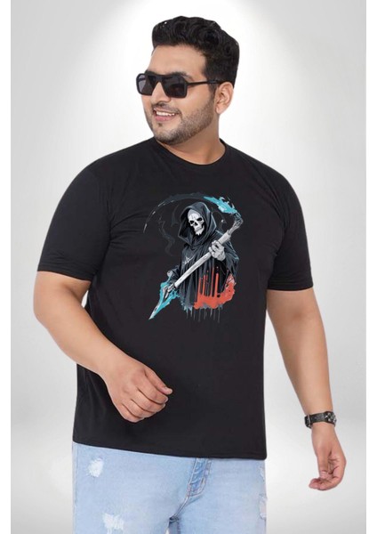 Azrail Ölüm Tanrısı Iskelet Siyah Büyük Beden Erkek Kadın Unisex Basic Ön Baskılı Tişört
