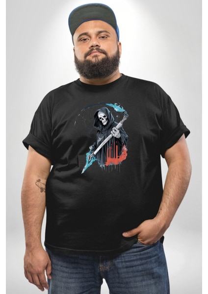 Azrail Ölüm Tanrısı Iskelet Siyah Büyük Beden Erkek Kadın Unisex Basic Ön Baskılı Tişört fiyatları