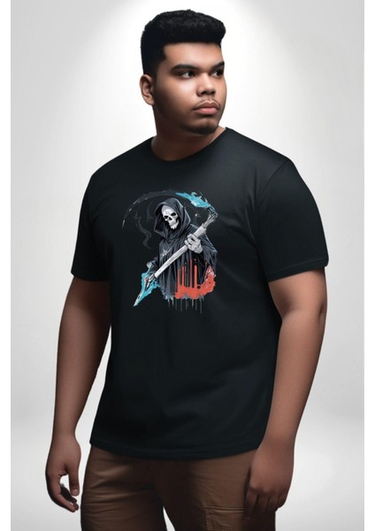 Azrail Ölüm Tanrısı Iskelet Siyah Büyük Beden Erkek Kadın Unisex Basic Ön Baskılı Tişört fırsatları