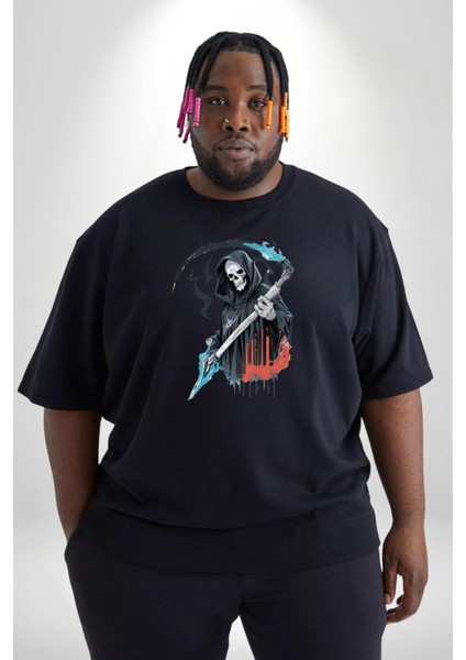 Azrail Ölüm Tanrısı Iskelet Siyah Büyük Beden Erkek Kadın Unisex Basic Ön Baskılı Tişört indirimleri
