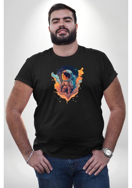 Bulutlar Astronot Uzay Siyah Büyük Beden Erkek Kadın Unisex Basic Ön Baskılı Tişört indirimleri