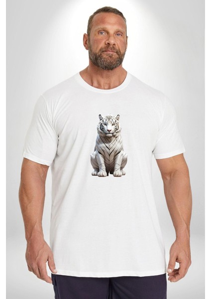 Beyaz Kaplan Beyaz Büyük Beden Kadın Erkek Ünisex Basic Ön Baskılı Tişört