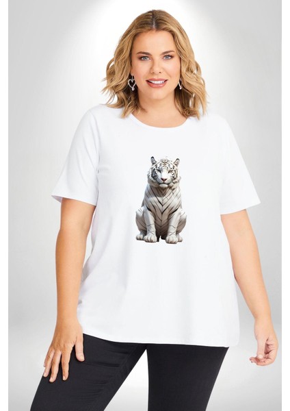 Beyaz Kaplan Beyaz Büyük Beden Kadın Erkek Ünisex Basic Ön Baskılı Tişört modelleri