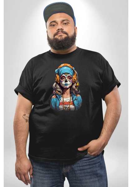 Hippie Cesur Stil Dövmeli Kız Siyah Büyük Beden Erkek Kadın Unisex Basic Ön Baskılı Tişört