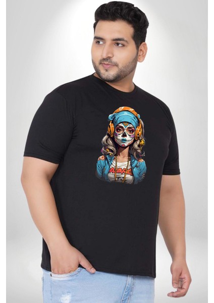 Hippie Cesur Stil Dövmeli Kız Siyah Büyük Beden Erkek Kadın Unisex Basic Ön Baskılı Tişört