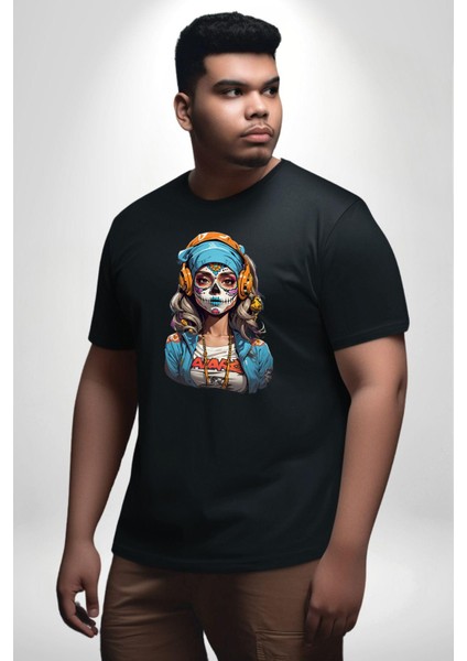 Hippie Cesur Stil Dövmeli Kız Siyah Büyük Beden Erkek Kadın Unisex Basic Ön Baskılı Tişört