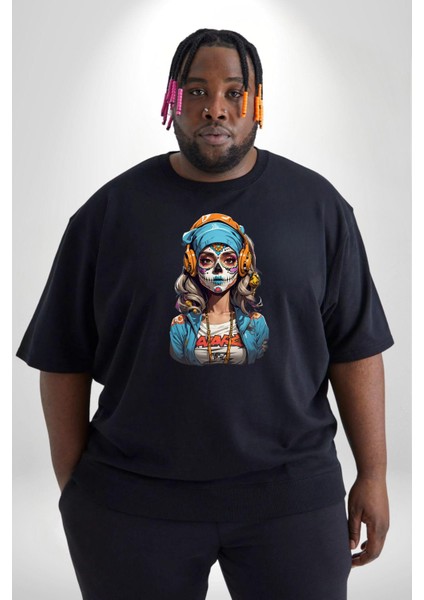 Hippie Cesur Stil Dövmeli Kız Siyah Büyük Beden Erkek Kadın Unisex Basic Ön Baskılı Tişört
