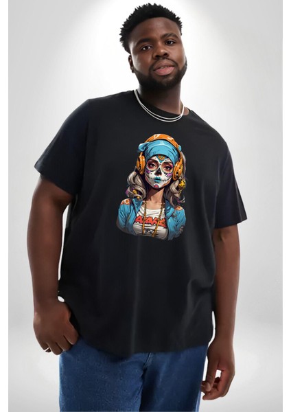 Hippie Cesur Stil Dövmeli Kız Siyah Büyük Beden Erkek Kadın Unisex Basic Ön Baskılı Tişört