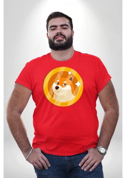 Doge Coin Kırmızı Büyük Beden Erkek Kadın Unisex Basic Ön Baskılı Tişört fiyatları