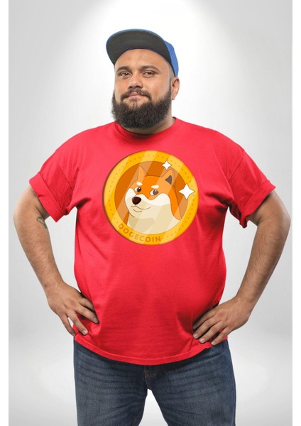 Doge Coin Kırmızı Büyük Beden Erkek Kadın Unisex Basic Ön Baskılı Tişört modelleri