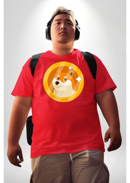 Doge Coin Kırmızı Büyük Beden Erkek Kadın Unisex Basic Ön Baskılı Tişört fırsatları