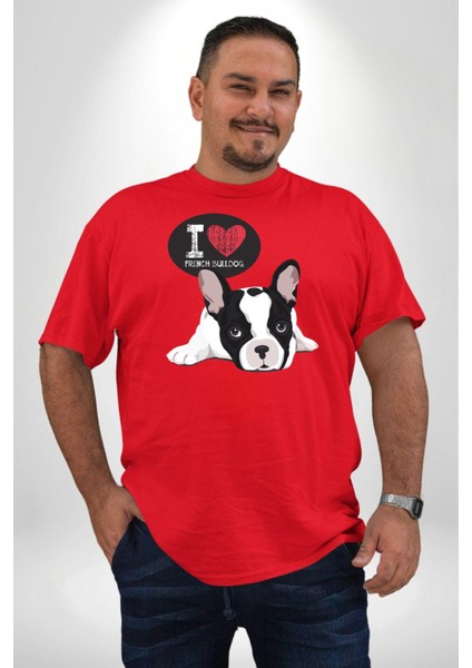 Seni Seviyorum Bulldog Kırmızı Büyük Beden Erkek Kadın Unisex Basic Ön Baskılı Tişört