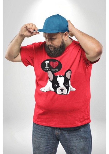 Seni Seviyorum Bulldog Kırmızı Büyük Beden Erkek Kadın Unisex Basic Ön Baskılı Tişört modelleri