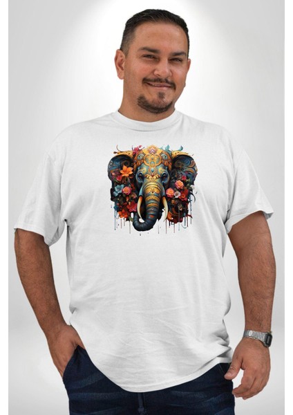 Bereket Fil Hintli Tasarım Beyaz Büyük Beden Kadın Erkek Ünisex Basic Ön Baskılı Tişört