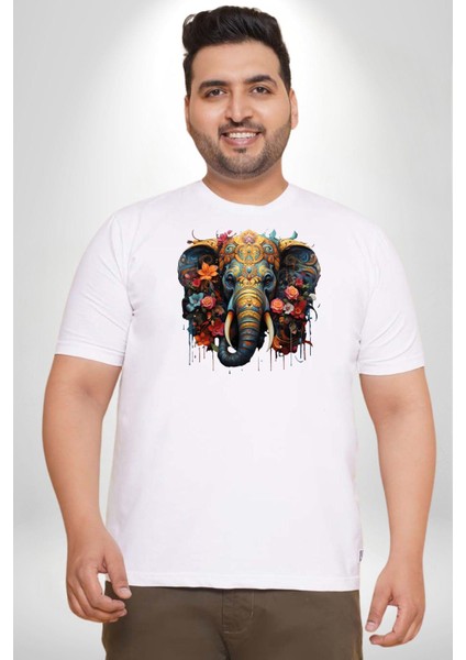 Bereket Fil Hintli Tasarım Beyaz Büyük Beden Kadın Erkek Ünisex Basic Ön Baskılı Tişört modelleri