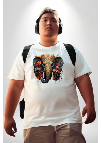 Bereket Fil Hintli Tasarım Beyaz Büyük Beden Kadın Erkek Ünisex Basic Ön Baskılı Tişört fırsatları