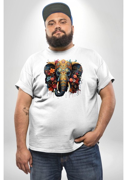 Bereket Fil Hintli Tasarım Beyaz Büyük Beden Kadın Erkek Ünisex Basic Ön Baskılı Tişört indirimleri