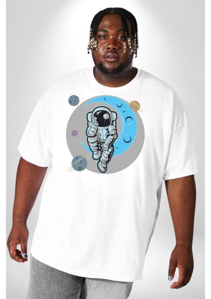 Astronot Uzayda Sıkılmış Beyaz Büyük Beden Kadın Erkek Ünisex Basic Ön Baskılı Tişört modelleri