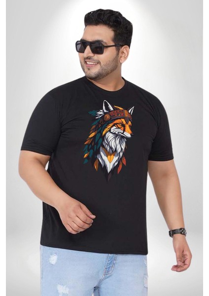 Kızılderili Tilki Siyah Büyük Beden Erkek Kadın Unisex Basic Ön Baskılı Tişört