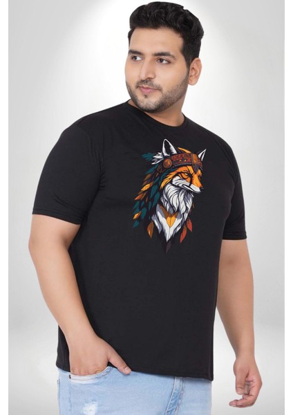 Kızılderili Tilki Siyah Büyük Beden Erkek Kadın Unisex Basic Ön Baskılı Tişört