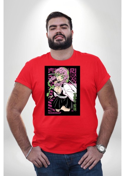 Anime Demon Slayer Kimetsu No Yaiba Mitsuri Kanroji Kırmızı Büyük Beden Erkek Kadın Unisex Basic Ön Baskılı Tişört modelleri