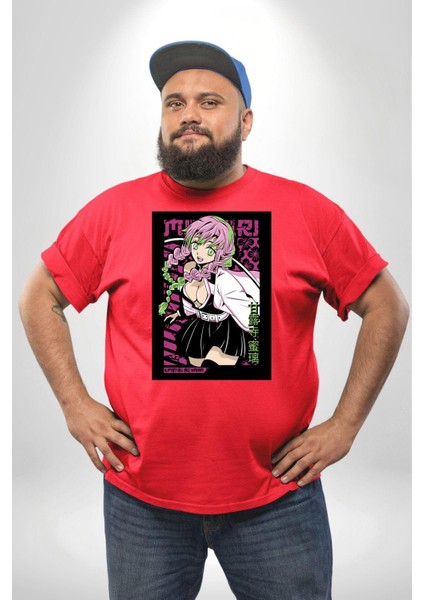 Anime Demon Slayer Kimetsu No Yaiba Mitsuri Kanroji Kırmızı Büyük Beden Erkek Kadın Unisex Basic Ön Baskılı Tişört fırsatları