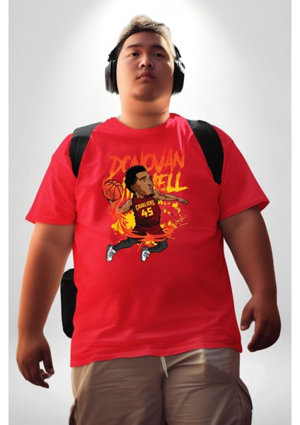 Donovan Mitchell Basketbol Karikatür Kırmızı Büyük Beden Erkek Kadın Unisex Basic Ön Baskılı Tişört