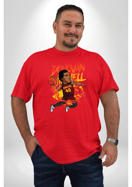 Donovan Mitchell Basketbol Karikatür Kırmızı Büyük Beden Erkek Kadın Unisex Basic Ön Baskılı Tişört fiyatları
