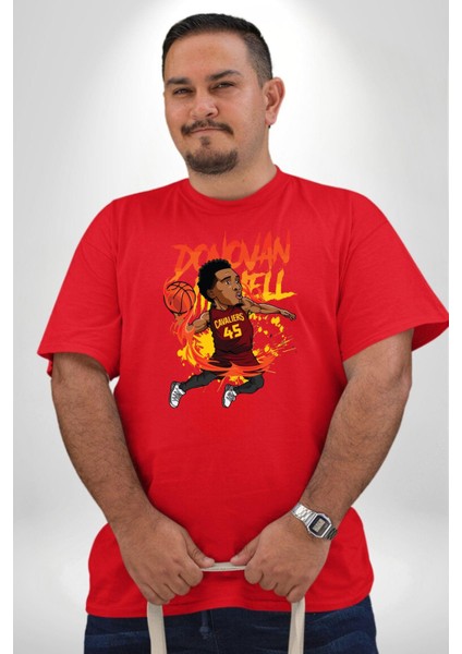 Donovan Mitchell Basketbol Karikatür Kırmızı Büyük Beden Erkek Kadın Unisex Basic Ön Baskılı Tişört modelleri