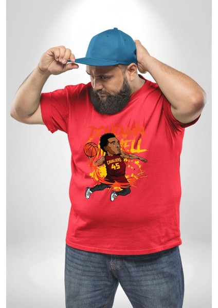 Donovan Mitchell Basketbol Karikatür Kırmızı Büyük Beden Erkek Kadın Unisex Basic Ön Baskılı Tişört fırsatları
