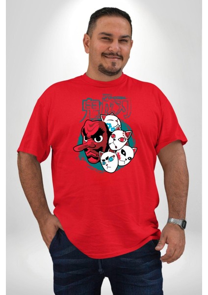Japon Anime Tengu Maske Kırmızı Büyük Beden Erkek Kadın Unisex Basic Ön Baskılı Tişört