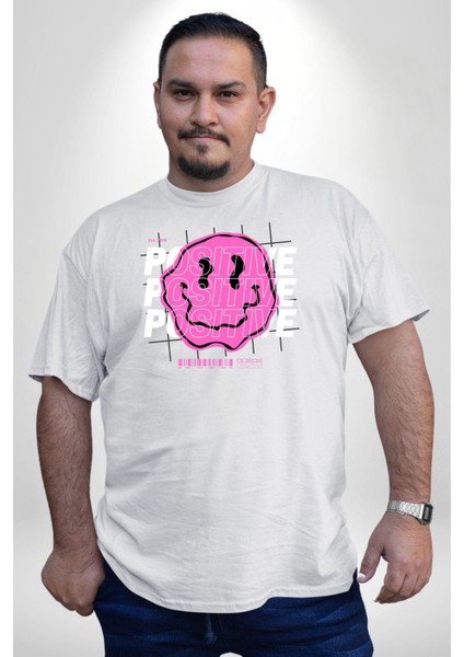 Positive Enerji Emoji Gülen Surat Beyaz Büyük Beden Kadın Erkek Ünisex Basic Ön Baskılı Tişört indirimleri