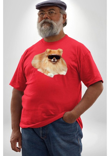 Pomernian Köpek Kırmızı Büyük Beden Erkek Kadın Unisex Basic Ön Baskılı Tişört modelleri