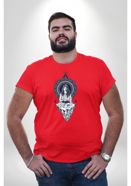 Falcı Meditasyon Yoga Dağın Üstünde Kırmızı Büyük Beden Erkek Kadın Unisex Basic Ön Baskılı Tişört