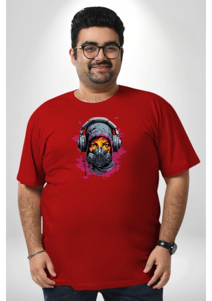 Maske Duman Corona Müzik Kulaklık Kırmızı Büyük Beden Erkek Kadın Unisex Basic Ön Baskılı Tişört