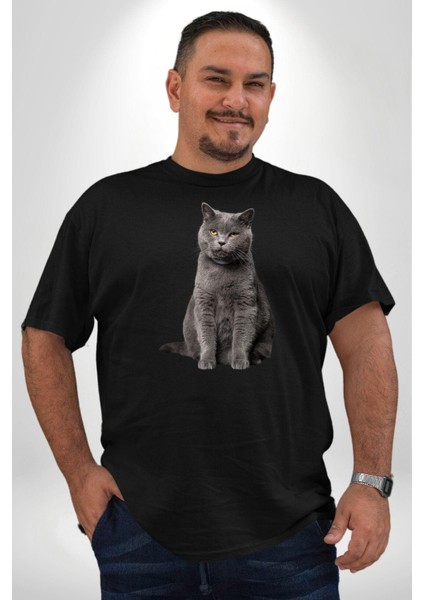 British Shorthair Kedi Siyah Büyük Beden Erkek Kadın Unisex Basic Ön Baskılı Tişört indirimleri