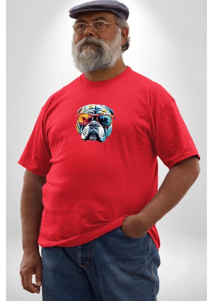 Bull Terier Köpek Gözlük Renkli Kırmızı Büyük Beden Erkek Kadın Unisex Basic Ön Baskılı Tişört modelleri