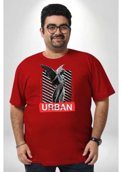 Şehir Sokak Stili Melek Heykeli Kırmızı Büyük Beden Erkek Kadın Unisex Basic Ön Baskılı Tişört