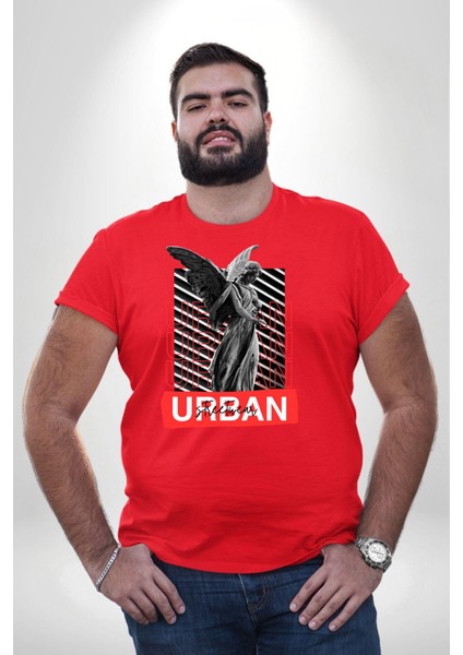 Şehir Sokak Stili Melek Heykeli Kırmızı Büyük Beden Erkek Kadın Unisex Basic Ön Baskılı Tişört modelleri