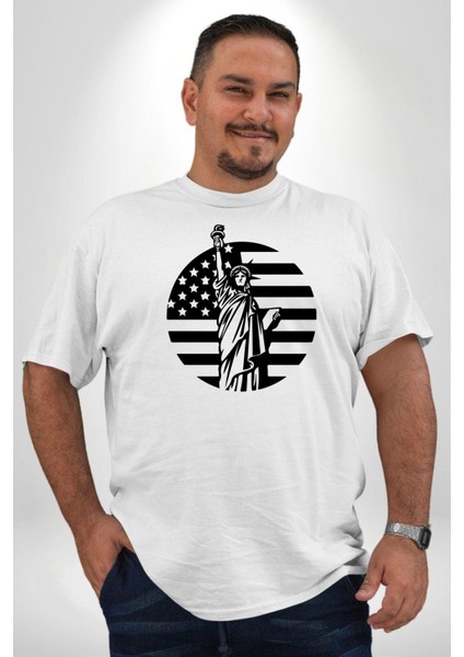 Özgürlük Anıtı Ve Amerikan Bayrağı Silüeti Beyaz Büyük Beden Kadın Erkek Ünisex Basic Ön Baskılı Tişört