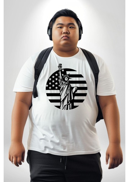 Özgürlük Anıtı Ve Amerikan Bayrağı Silüeti Beyaz Büyük Beden Kadın Erkek Ünisex Basic Ön Baskılı Tişört fiyatları