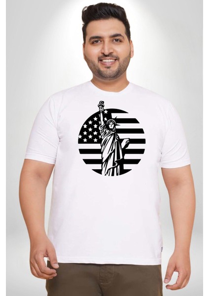 Özgürlük Anıtı Ve Amerikan Bayrağı Silüeti Beyaz Büyük Beden Kadın Erkek Ünisex Basic Ön Baskılı Tişört modelleri