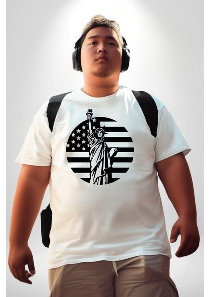 Özgürlük Anıtı Ve Amerikan Bayrağı Silüeti Beyaz Büyük Beden Kadın Erkek Ünisex Basic Ön Baskılı Tişört fırsatları