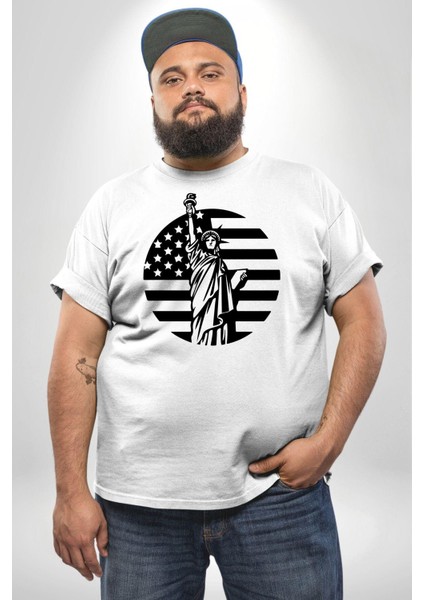 Özgürlük Anıtı Ve Amerikan Bayrağı Silüeti Beyaz Büyük Beden Kadın Erkek Ünisex Basic Ön Baskılı Tişört indirimleri