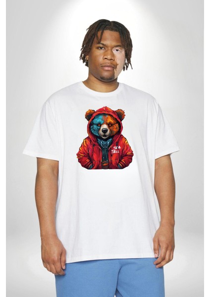 Beyaz Hoodie Ayı Beyaz Büyük Beden Kadın Erkek Ünisex Basic Ön Baskılı Tişört