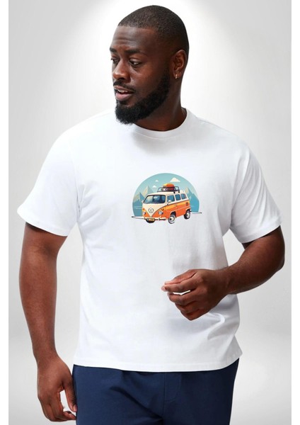Wolkswagen Karavan Kış Gezisi Beyaz Büyük Beden Kadın Erkek Ünisex Basic Ön Baskılı Tişört fiyatları