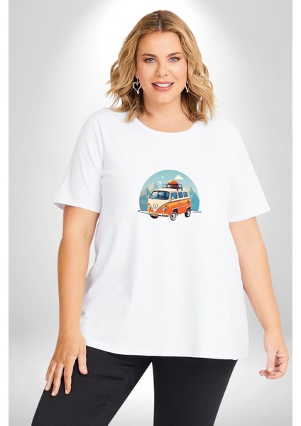 Wolkswagen Karavan Kış Gezisi Beyaz Büyük Beden Kadın Erkek Ünisex Basic Ön Baskılı Tişört modelleri