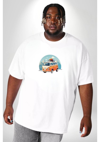 Wolkswagen Karavan Kış Gezisi Beyaz Büyük Beden Kadın Erkek Ünisex Basic Ön Baskılı Tişört indirimleri